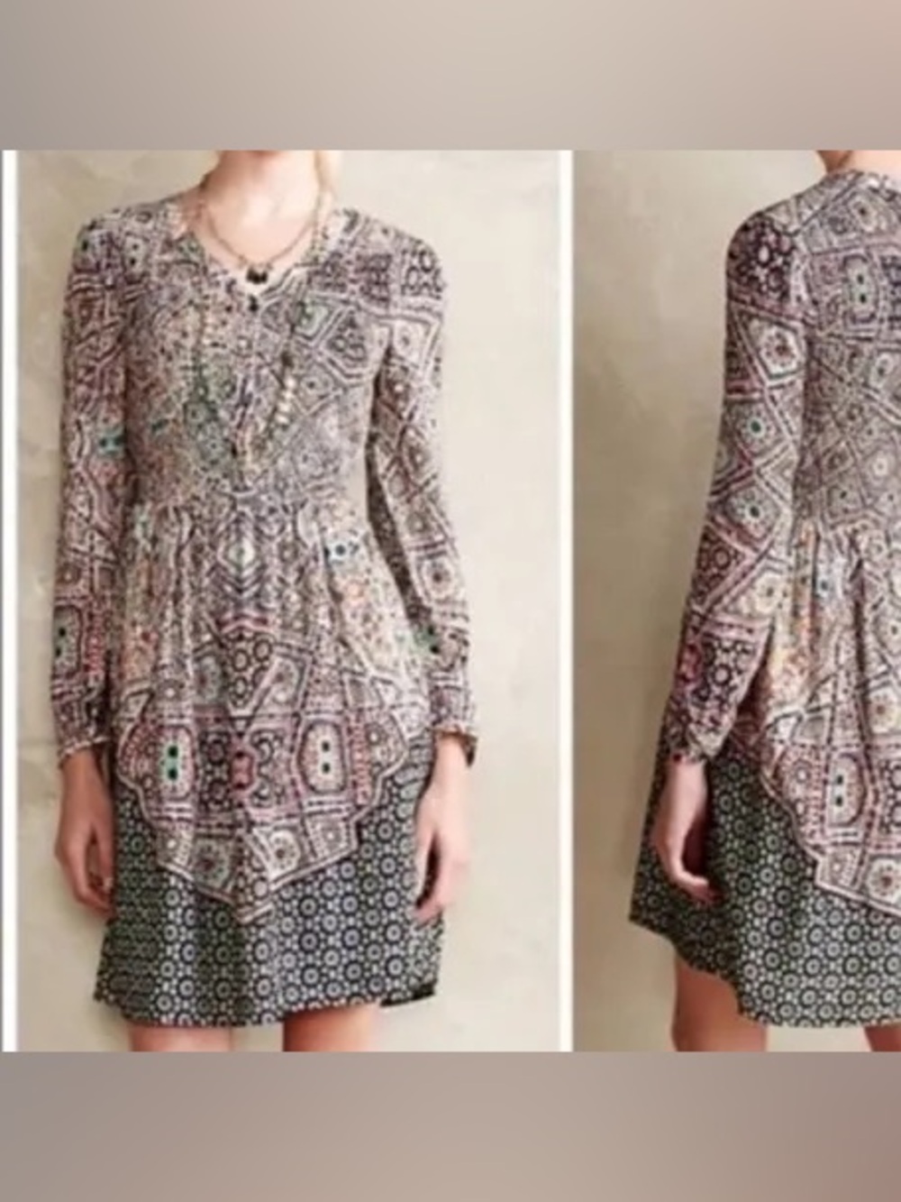 Anthropologie Tiled Amethyst Multicolor Geometric Long-Sleeve Smocked Dress